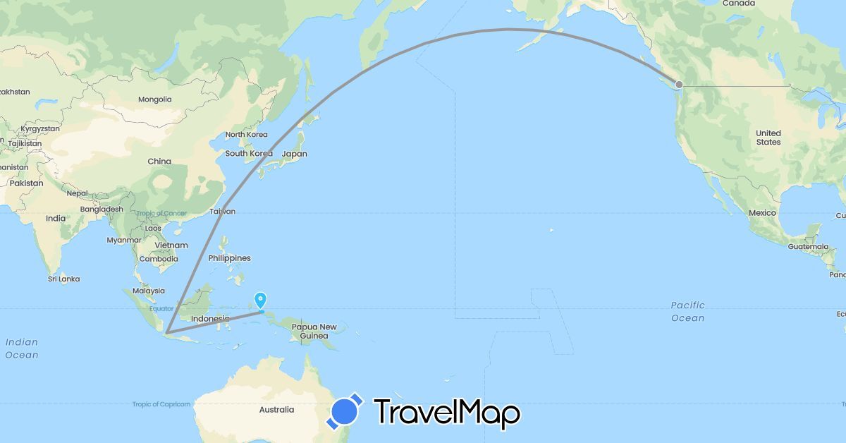 TravelMap itinerary: driving, plane, boat in Canada, Indonesia, Taiwan (Asia, North America)